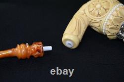 L Ornate Calabash Pipe W Wind Cap BLOCK MEERSCHAUM-NEW-HAND CARVED W Case#485