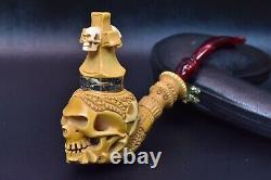 L Skull Pipe W Wind Cap Block Meerschaum Handmade -NEW W CASE#1168