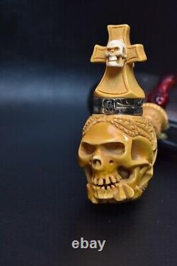 L Skull Pipe W Wind Cap Block Meerschaum Handmade -NEW W CASE#1168