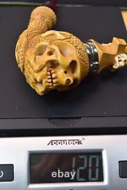 L Skull Pipe W Wind Cap Block Meerschaum Handmade -NEW W CASE#1168