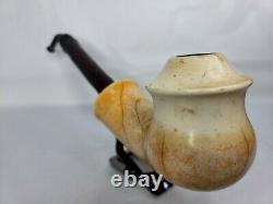 Large Antique 1825 Marbled Block Meerschaum Tobacco Pipe, Cherry Wood Stem