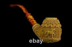 Large Ornate Calabash Pipe Horse Embossed New Block Meerschaum Handmade Case#146