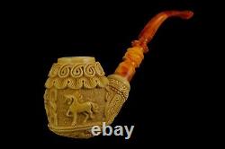 Large Ornate Calabash Pipe Horse Embossed New Block Meerschaum Handmade Case#146