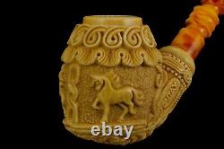 Large Ornate Calabash Pipe Horse Embossed New Block Meerschaum Handmade Case#146