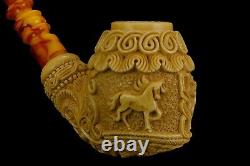 Large Ornate Calabash Pipe Horse Embossed New Block Meerschaum Handmade Case#146