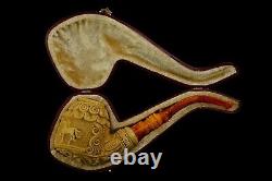 Large Ornate Calabash Pipe Horse Embossed New Block Meerschaum Handmade Case#146