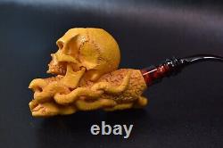 Large Skull Pipe W Snake BY SADIK YANIK Block Meerschaum Handmade NEW W CASE929