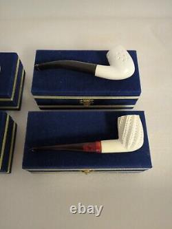 Lot of 4 Block Meerschaum Carved Pipes withBrass Latch Boxes UNSMOKED