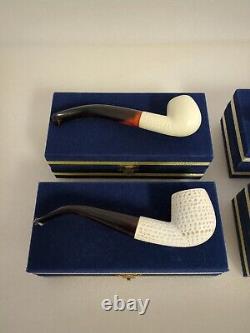 Lot of 4 Block Meerschaum Carved Pipes withBrass Latch Boxes UNSMOKED