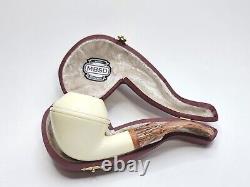 MBSD Meerschaum Bent Rhodesian Block Meerschaum Tobacco Pipe, 9mm Filter, Case