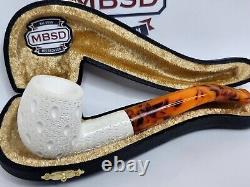 Medium Size Bent Billiard Block Meerschaum Lattice Tobacco Pipe With Fitted Case