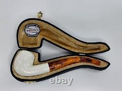 Medium Size Bent Billiard Block Meerschaum Lattice Tobacco Pipe With Fitted Case