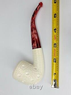 Medium Sized Hand Carved Block Meerschaum Pipe With Lattice Design w Fitted Case