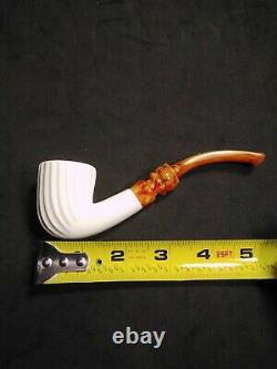Meerschaum 100% block pipe carved by CELEBI in Turkey bent bowl with carv lines