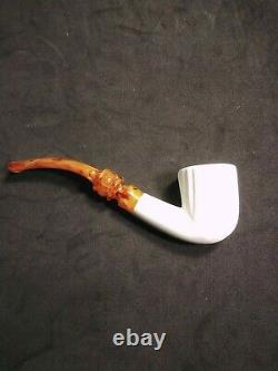 Meerschaum 100% block pipe carved by CELEBI in Turkey bent bowl with carv lines