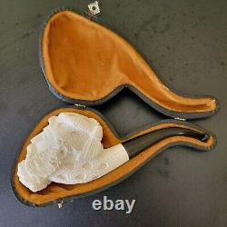 Meerschaum Block Pipe Vintage Handcarved Unsmoked Curved Stem With Case