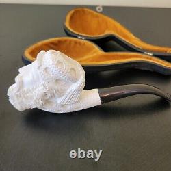 Meerschaum Block Pipe Vintage Handcarved Unsmoked Curved Stem With Case