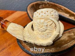 Meerschaum Pipe Floral Claw & Egg Fitted Case Turkish Block Never Smoked