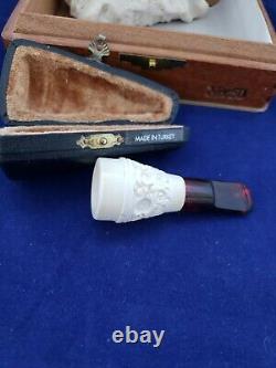 NEVER SMOKED Rare Antique Block Meerschaum Cigar Mouth Holder Tip Turkey in Case