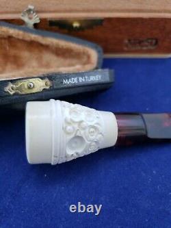 NEVER SMOKED Rare Antique Block Meerschaum Cigar Mouth Holder Tip Turkey in Case