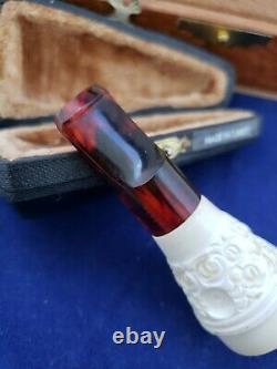 NEVER SMOKED Rare Antique Block Meerschaum Cigar Mouth Holder Tip Turkey in Case