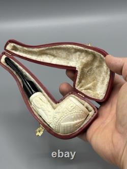 Ornate Apple Pipe Masonic Emblem BLOCK MEERSCHAUM-NEW-HANDCARVED W Case#1165