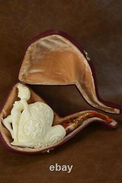 Ornate Apple Pipe with Nude Lady block Meerschaum New W Case#264