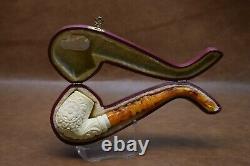 Ornate Bent PIPE BLOCK MEERSCHAUM-NEW-HAND CARVED W Case# 1177 Churchwarden Stem