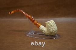 Ornate Bent PIPE BLOCK MEERSCHAUM-NEW-HAND CARVED W Case# 1177 Churchwarden Stem