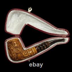 Ornate Bent Pipe Masonic Emblem BLOCK MEERSCHAUM-NEW-HANDCARVED W Case#1138