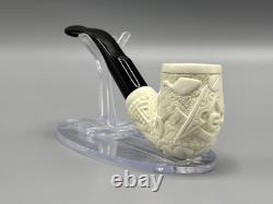 Ornate Bent Pipe Masonic Emblem BLOCK MEERSCHAUM-NEW-HANDCARVED W Case#1369