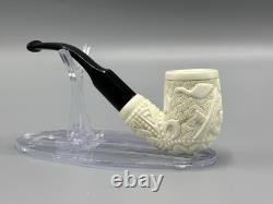 Ornate Bent Pipe Masonic Emblem BLOCK MEERSCHAUM-NEW-HANDCARVED W Case#1369