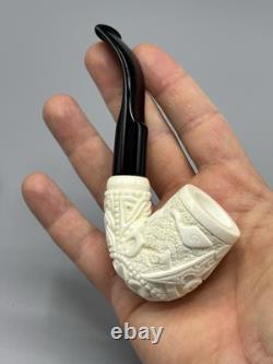 Ornate Bent Pipe Masonic Emblem BLOCK MEERSCHAUM-NEW-HANDCARVED W Case#1369