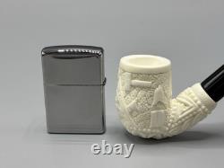 Ornate Bent Pipe Masonic Emblem BLOCK MEERSCHAUM-NEW-HANDCARVED W Case#1369