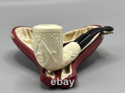 Ornate Bent Pipe Masonic Emblem BLOCK MEERSCHAUM-NEW-HANDCARVED W Case#1397
