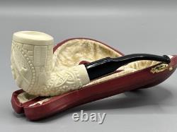 Ornate Bent Pipe Masonic Emblem BLOCK MEERSCHAUM-NEW-HANDCARVED W Case#1397