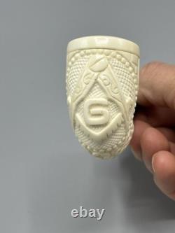 Ornate Bent Pipe Masonic Emblem BLOCK MEERSCHAUM-NEW-HANDCARVED W Case#1397