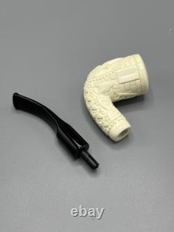 Ornate Bent Pipe Masonic Emblem BLOCK MEERSCHAUM-NEW-HANDCARVED W Case#1397
