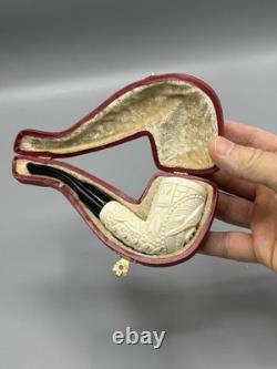 Ornate Bent Pipe Masonic Emblem BLOCK MEERSCHAUM-NEW-HANDCARVED W Case#1397