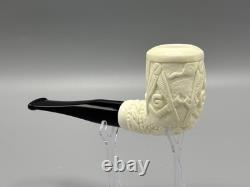 Ornate Billiard Pipe Masonic Emblem BLOCK MEERSCHAUM-NEW-HANDCARVED W Case#1808