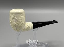 Ornate Billiard Pipe Masonic Emblem BLOCK MEERSCHAUM-NEW-HANDCARVED W Case#1808
