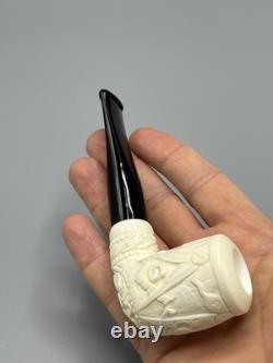 Ornate Billiard Pipe Masonic Emblem BLOCK MEERSCHAUM-NEW-HANDCARVED W Case#1808
