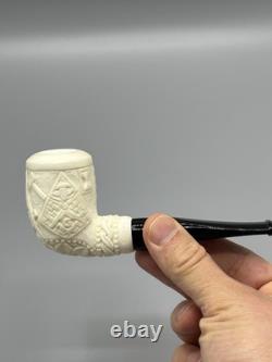 Ornate Billiard Pipe Masonic Emblem BLOCK MEERSCHAUM-NEW-HANDCARVED W Case#1808