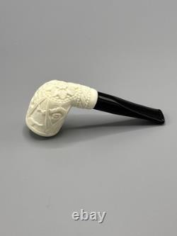Ornate Billiard Pipe Masonic Emblem BLOCK MEERSCHAUM-NEW-HANDCARVED W Case#1808