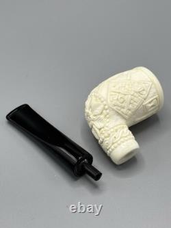 Ornate Billiard Pipe Masonic Emblem BLOCK MEERSCHAUM-NEW-HANDCARVED W Case#1808