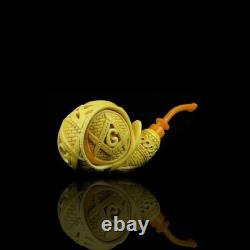 Ornate Blowfish Pipe Masonic Emblems BLOCK MEERSCHAUM-NEW-HANDCARVED Case#1511