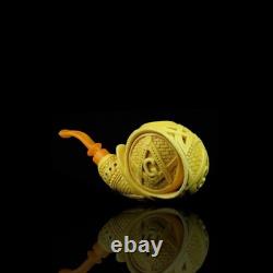 Ornate Blowfish Pipe Masonic Emblems BLOCK MEERSCHAUM-NEW-HANDCARVED Case#1511
