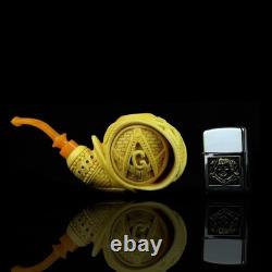 Ornate Blowfish Pipe Masonic Emblems BLOCK MEERSCHAUM-NEW-HANDCARVED Case#1511