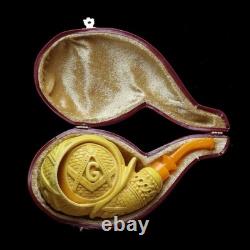 Ornate Blowfish Pipe Masonic Emblems BLOCK MEERSCHAUM-NEW-HANDCARVED Case#1511