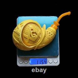 Ornate Blowfish Pipe Masonic Emblems BLOCK MEERSCHAUM-NEW-HANDCARVED Case#1511